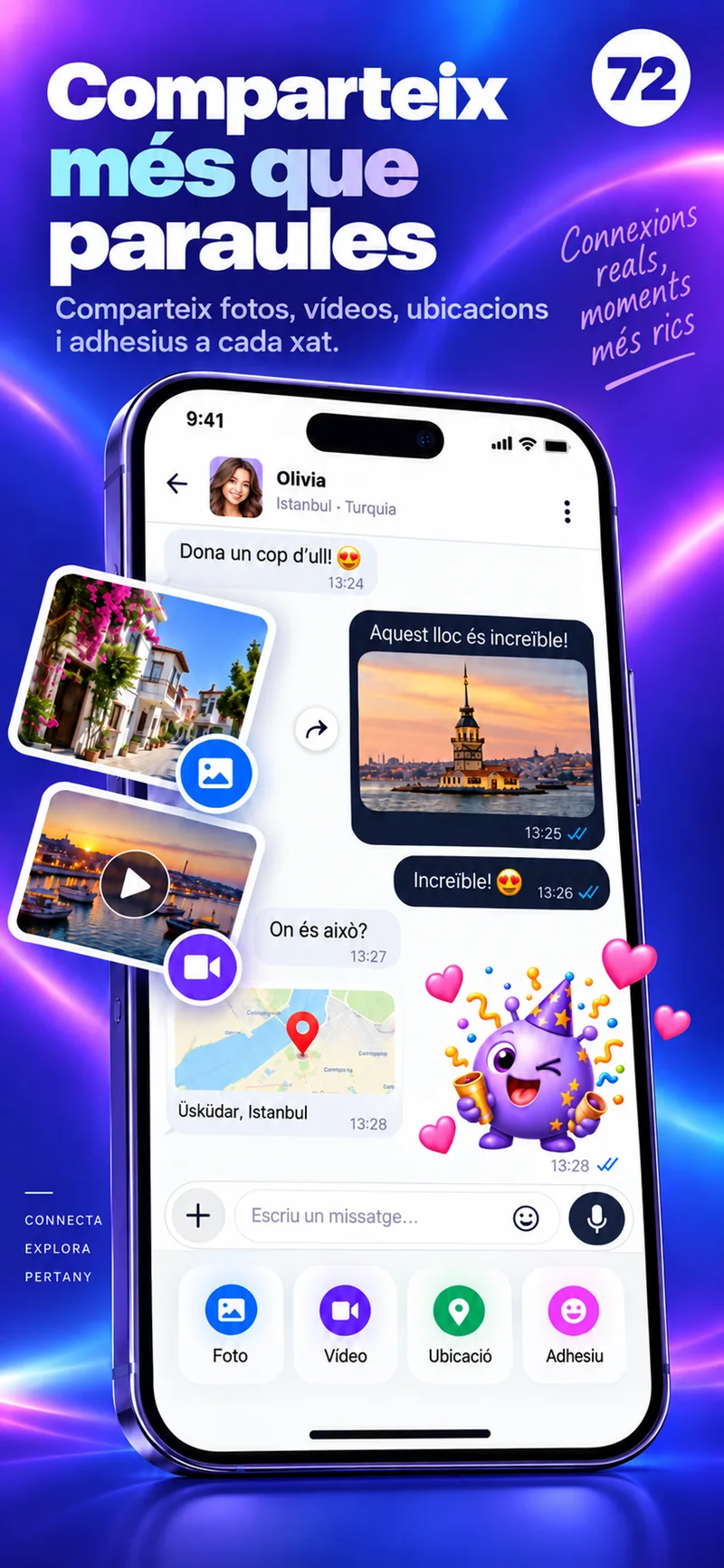 Un xat 72 amb fotos, vídeo, un mapa i adhesius de colors