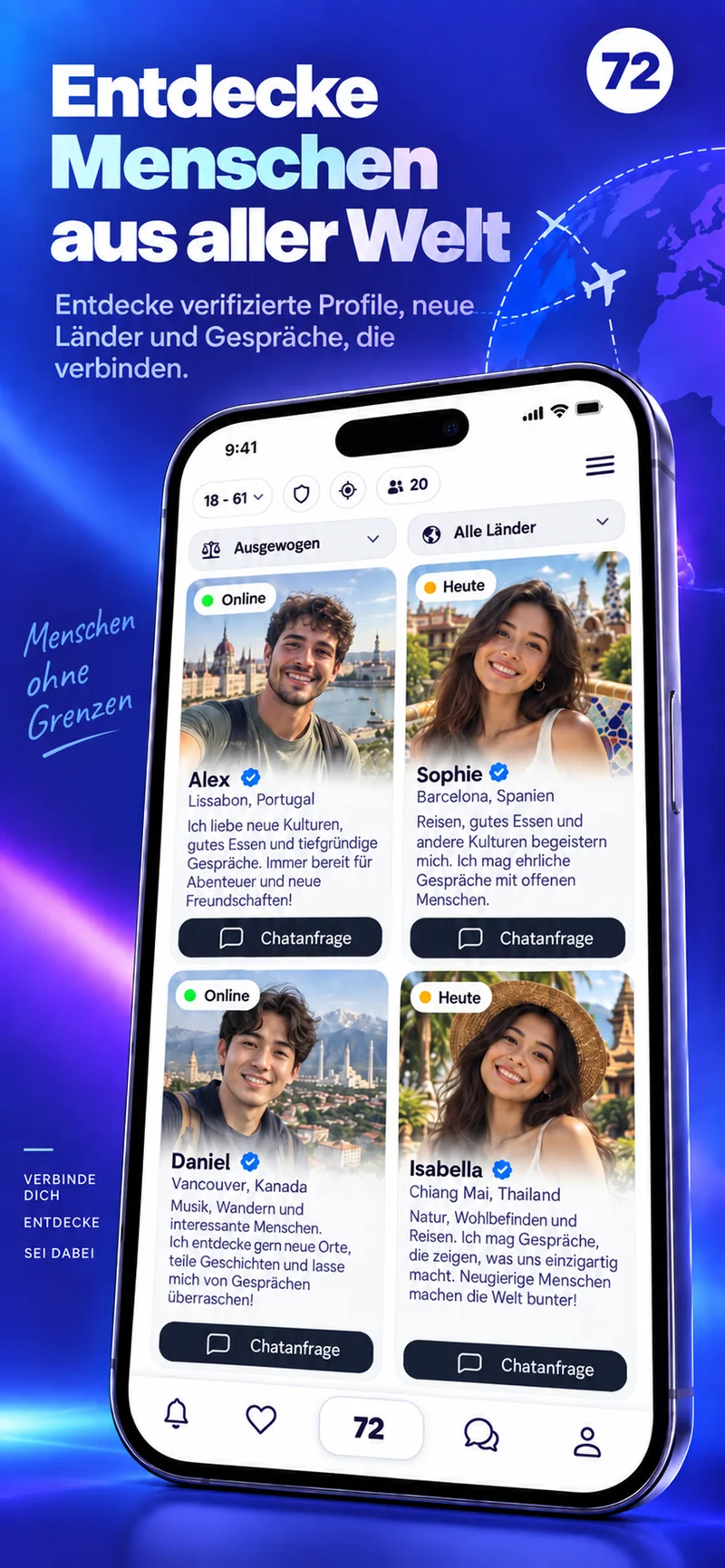 Bildschirm mit Profilen aus aller Welt in der 72-App