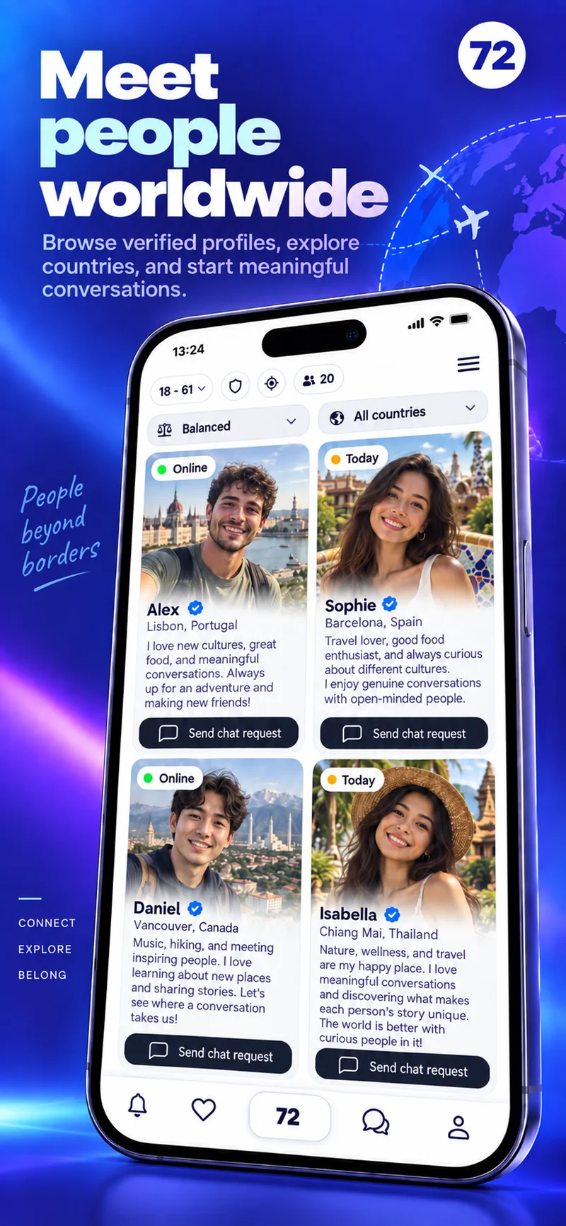 Screen showing profiles from around the world in the 72 app