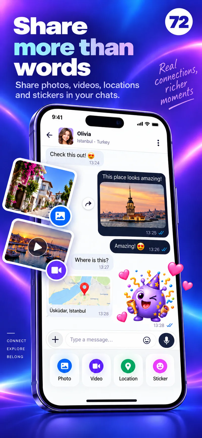 A 72 chat with photos, video, a map, and colorful stickers