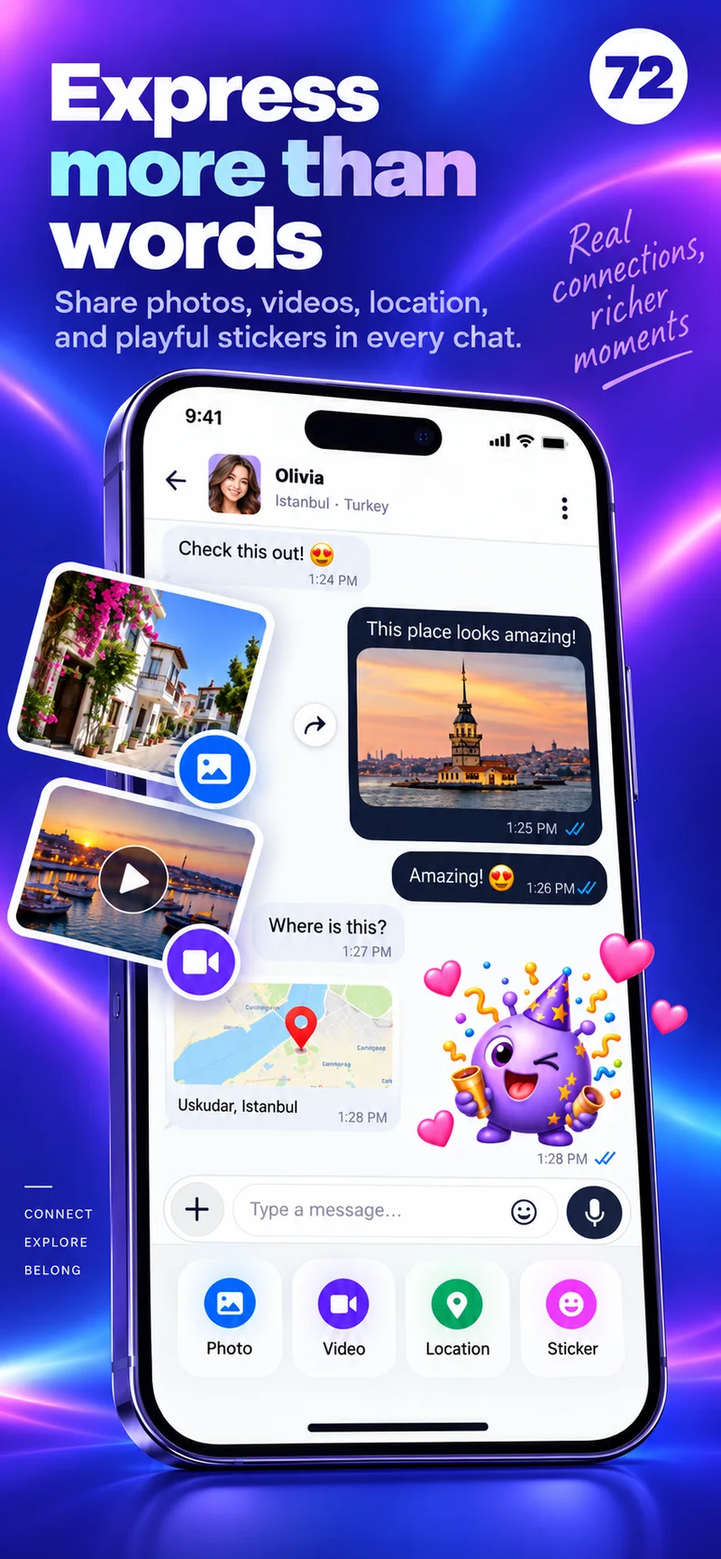 A 72 chat with photos, video, a map, and colorful stickers