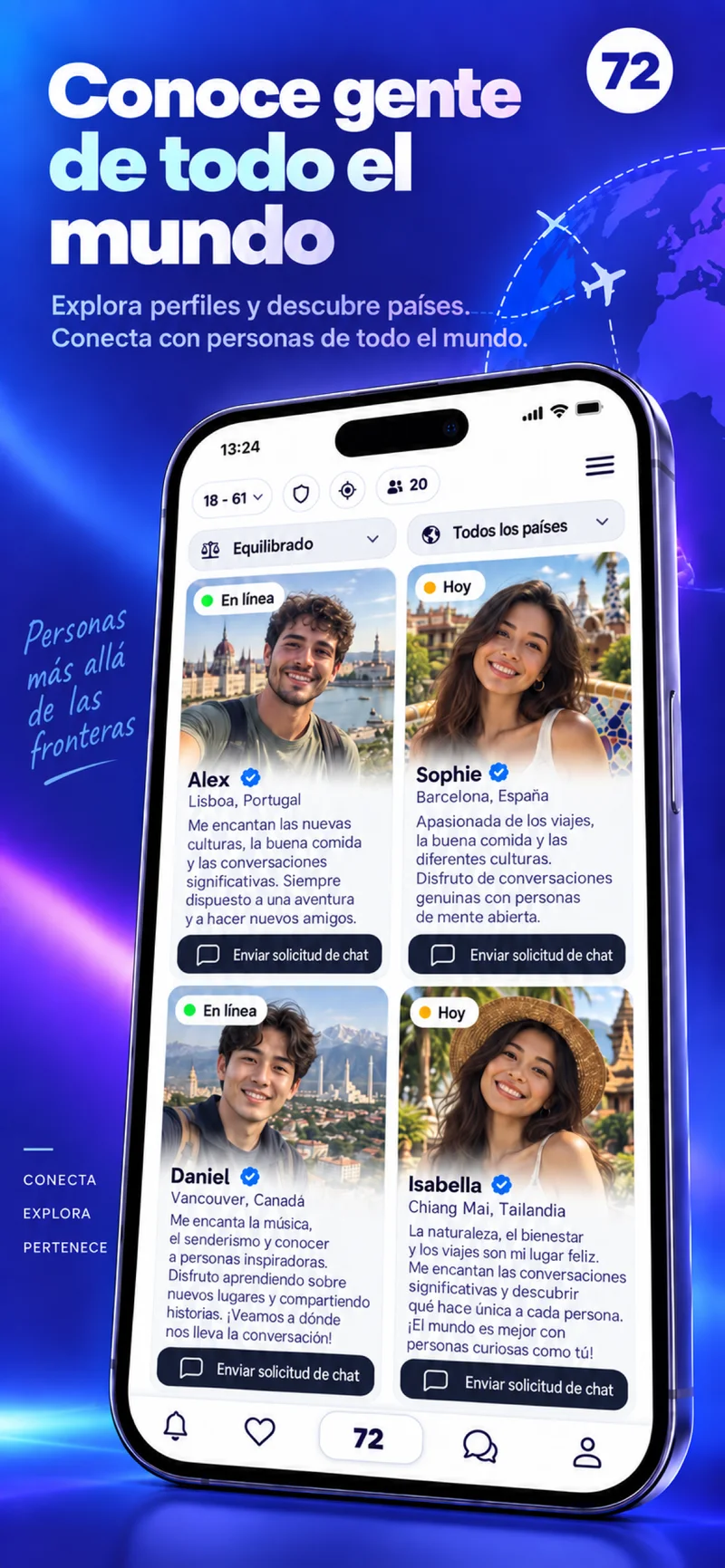 Pantalla que muestra perfiles de todo el mundo en la app 72