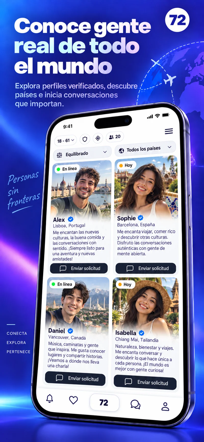 Pantalla que muestra perfiles de todo el mundo en la app 72