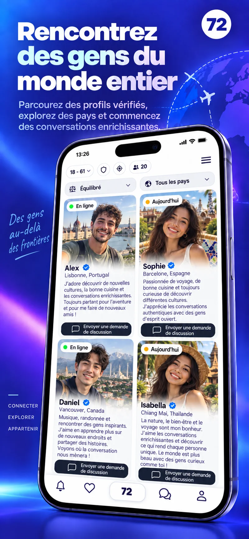 Écran montrant des profils du monde entier dans l’app 72