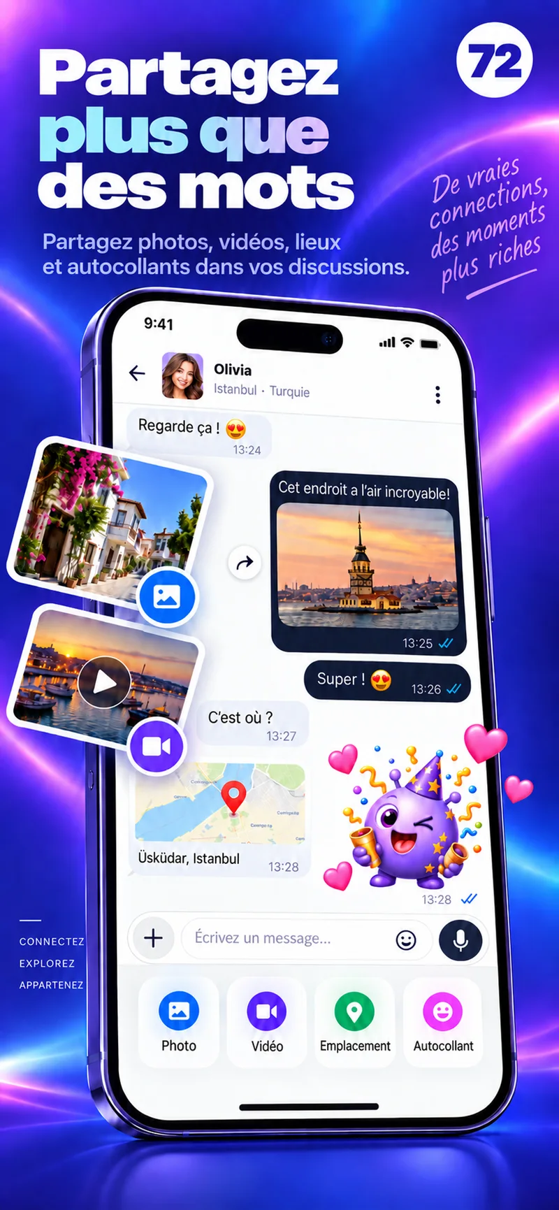 Un chat 72 avec photos, vidéo, carte et stickers colorés
