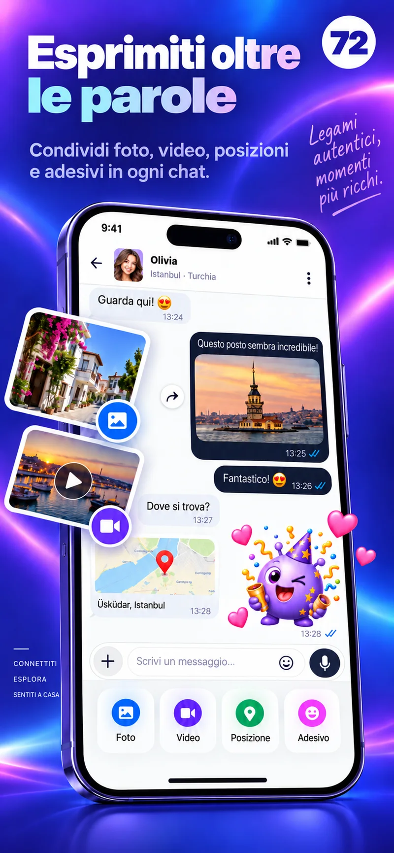 Una chat 72 con foto, video, una mappa e sticker colorati