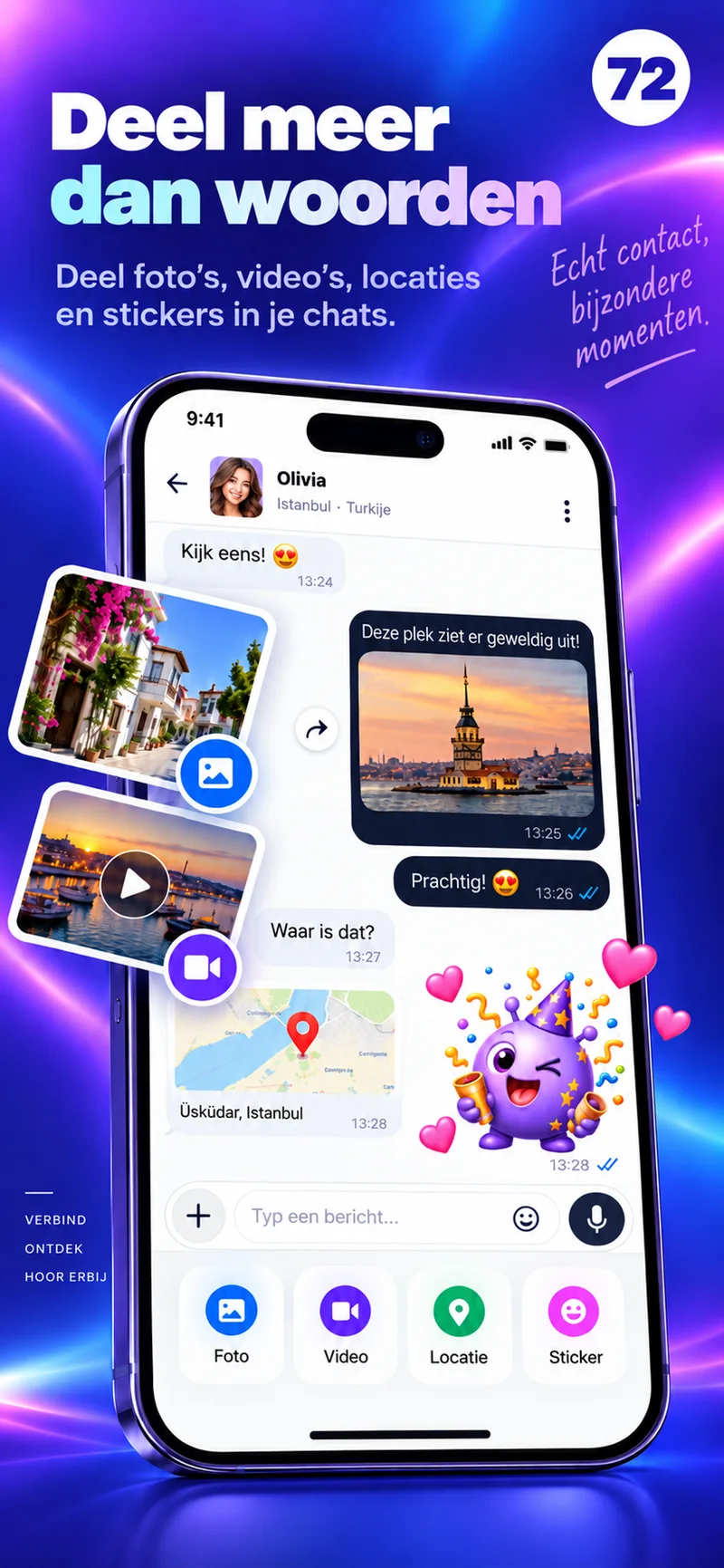Een 72-chat met foto's, video, een kaart en kleurrijke stickers
