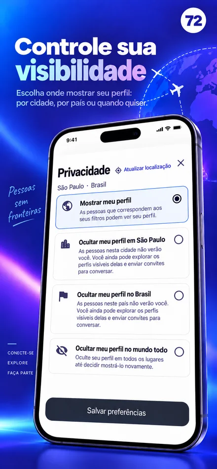 Controle a visibilidade do seu perfil por cidade, país ou para o mundo todo