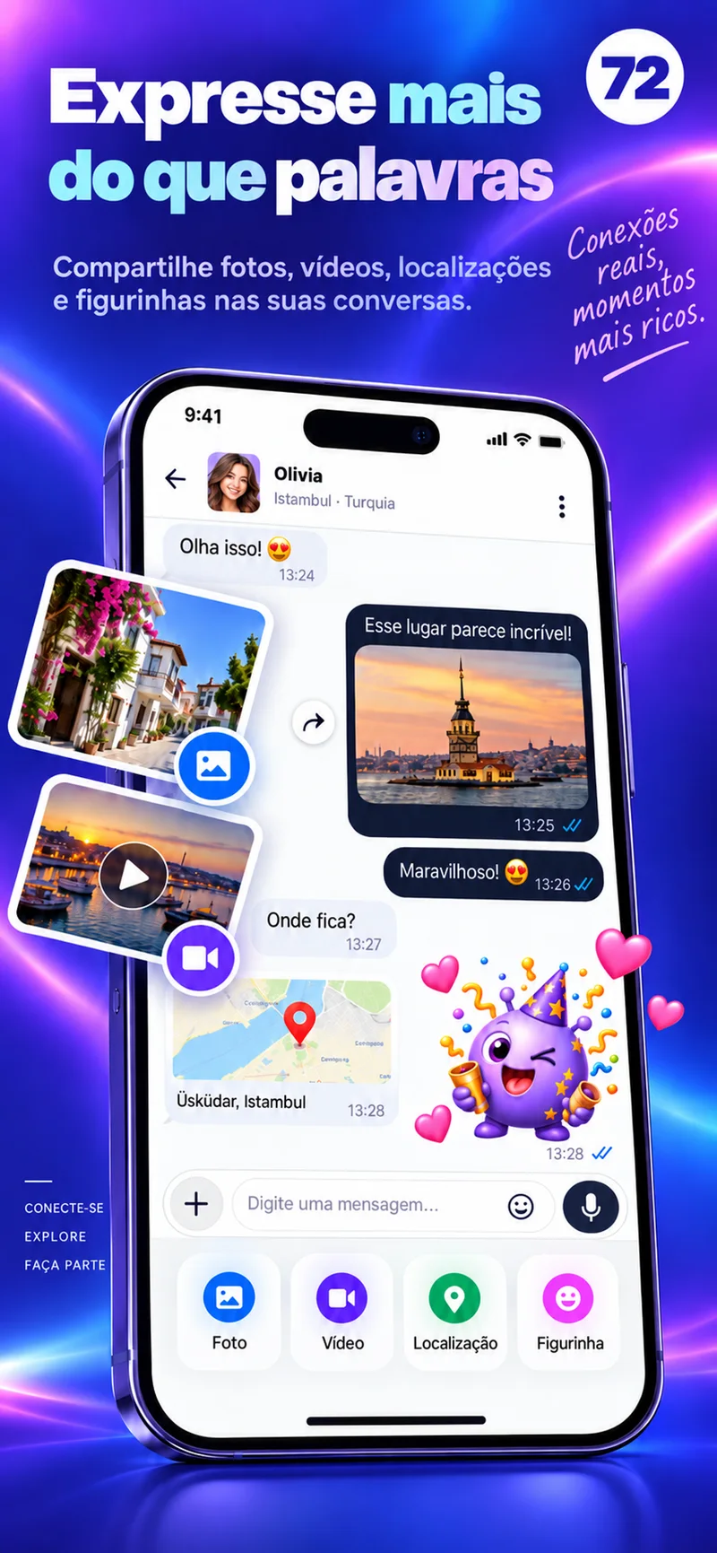 Um chat 72 com fotos, vídeo, um mapa e figurinhas coloridas