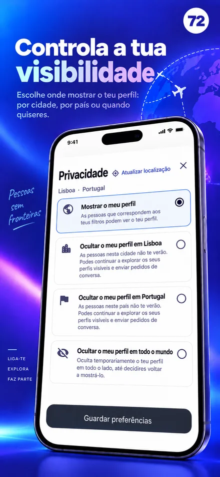 Controle a visibilidade do seu perfil por cidade, país ou mundo