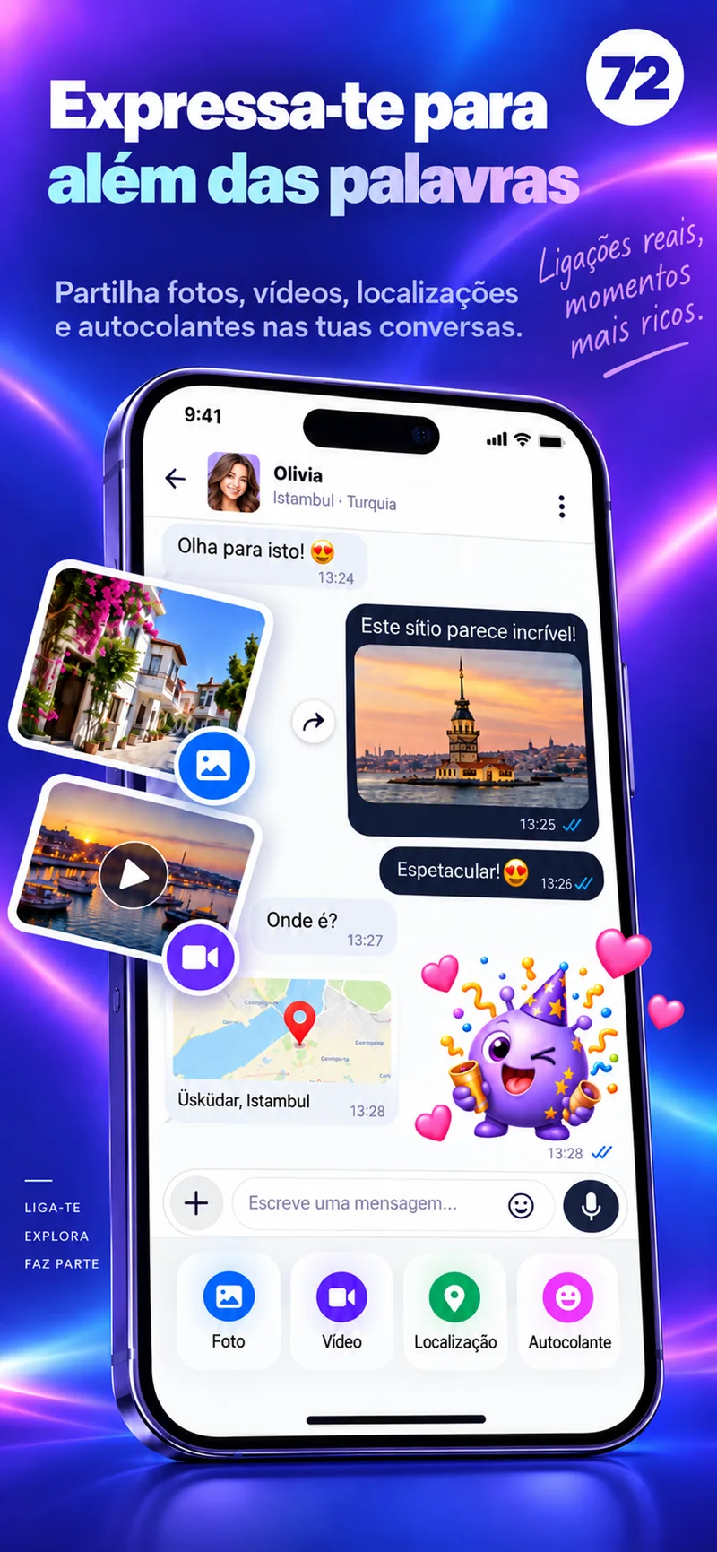 Um chat 72 com fotos, vídeo, um mapa e stickers coloridos