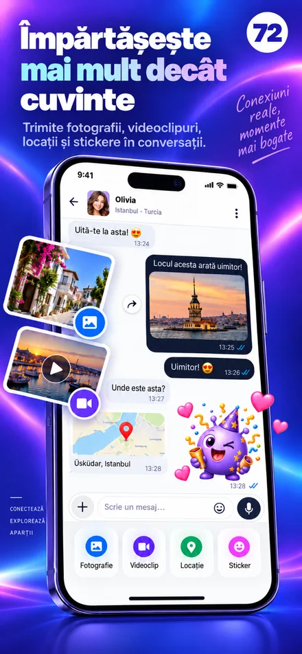Împărtășește momentele tale cu fotografii, videoclipuri, locații și stickere