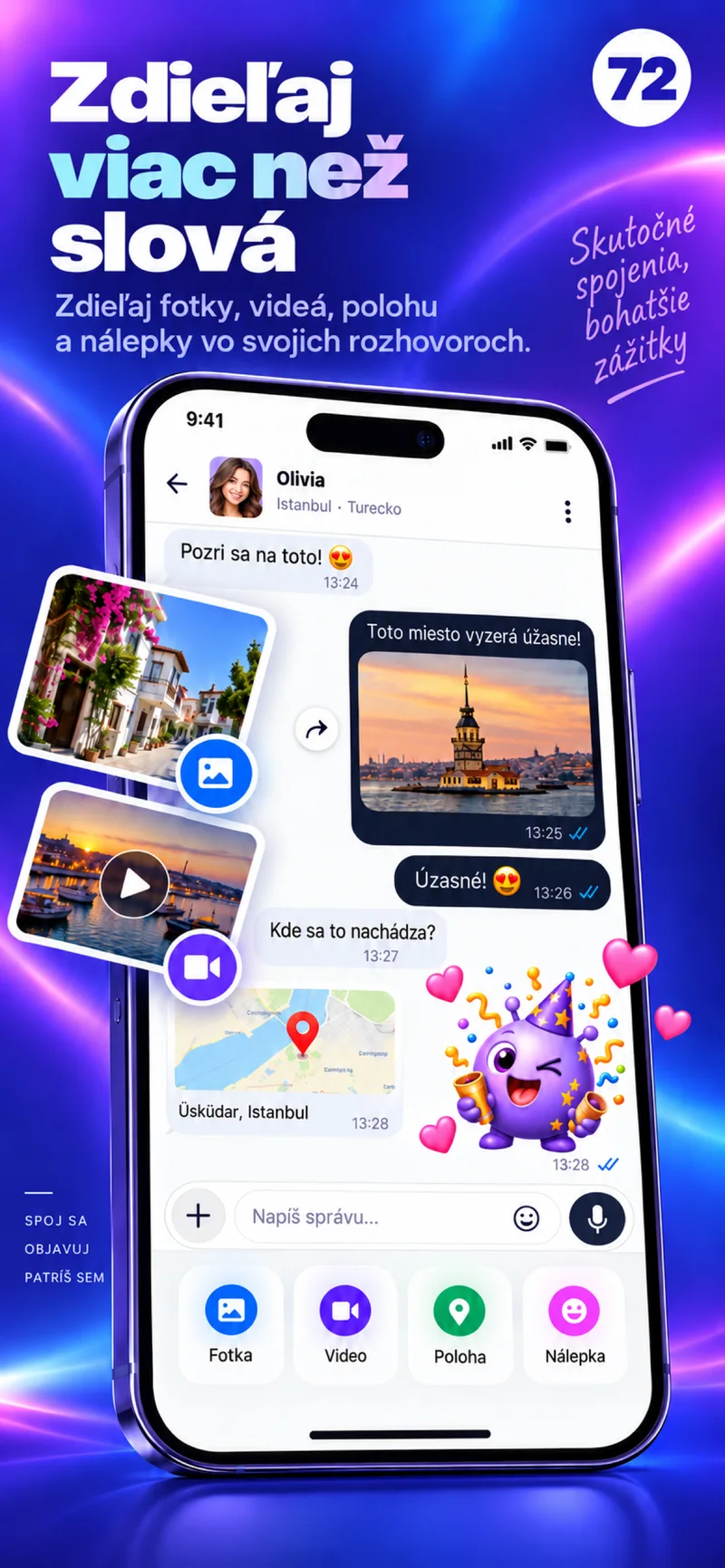 72 chat s fotkami, videom, mapou a farebnými nálepkami